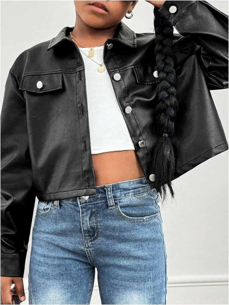 BEAUDRM Store Girl's PU Leather Cropped Jacket Button Down Long Sleeve Outerwear Streetwear - Image 3
